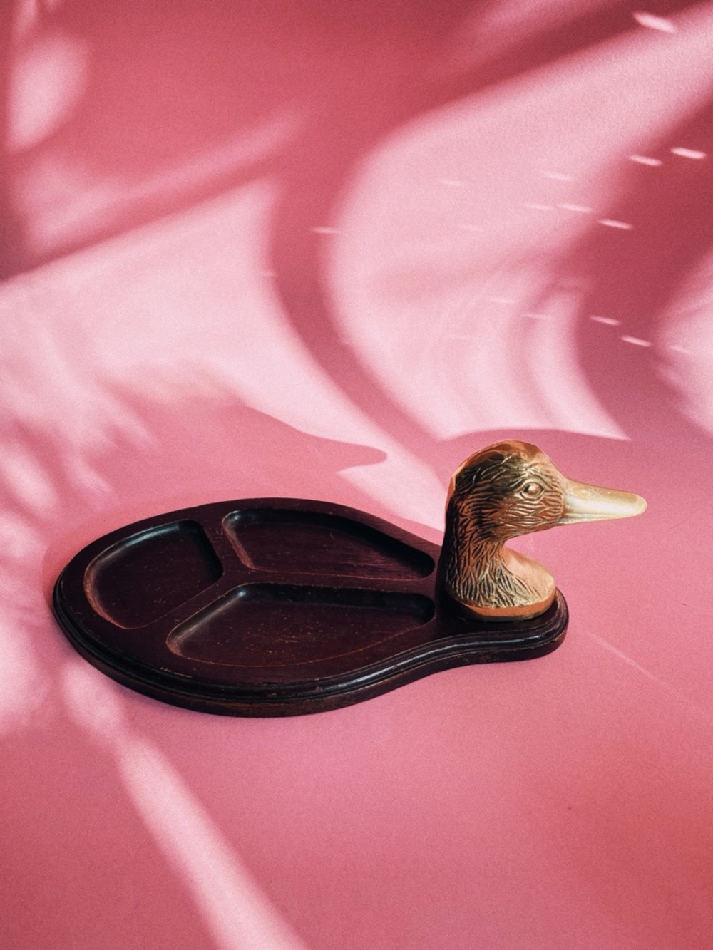 Vintage MCM Brass Duck & Wood Valet / Throw Tray